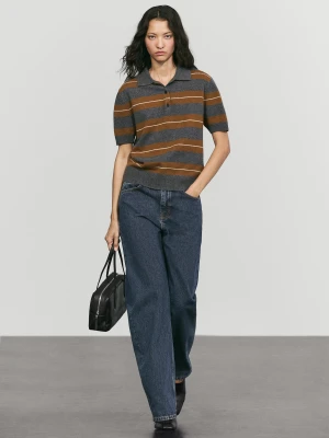Dzianinowa Koszulka Polo W Paski Ze 100% Wełny I Zamszu - Szary Średni - Massimo Dutti - Female