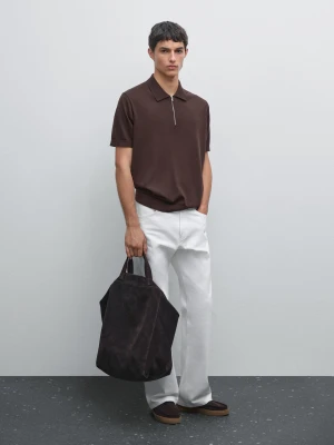 Dzianinowa Koszulka Polo Z Dekoltem Na Suwak - Czerwone Wino - - Massimo Dutti - Mężczyzna