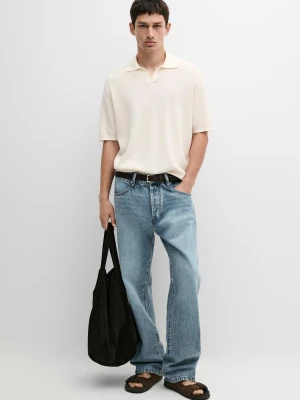 Dzianinowa Koszulka Polo Z Dekoltem V Z Mieszanki Bawełny - Surowy - Massimo Dutti - Male