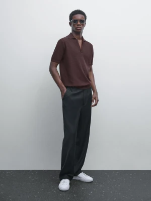 Dzianinowa Koszulka Polo Z Dekoltem W Serek - Bordowy - - Massimo Dutti - Mężczyzna