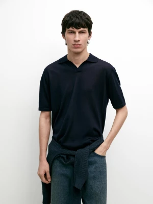 Dzianinowa Koszulka Polo Z Dekoltem W Serek - Granatowy - - Massimo Dutti - Mężczyzna
