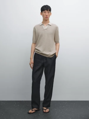 Dzianinowa Koszulka Polo Z Dekoltem W Serek I Fakturą - Lodowy - - Massimo Dutti - Mężczyzna