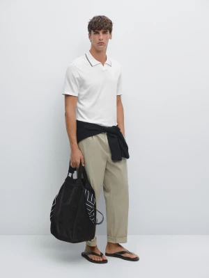 Dzianinowa Koszulka Polo Z Dekoltem W Serek I Kolorowym Elementem - Biały - - Massimo Dutti - Mężczyzna