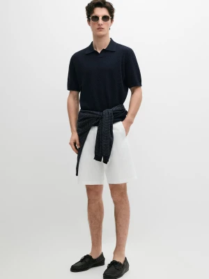 Dzianinowa Koszulka Polo Z Dekoltem W Serek I Warkoczowym Splotem - Granatowy - - Massimo Dutti - Mężczyzna