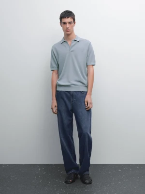 Dzianinowa Koszulka Polo Z Dekoltem W Serek - Niebieskie - - Massimo Dutti - Mężczyzna