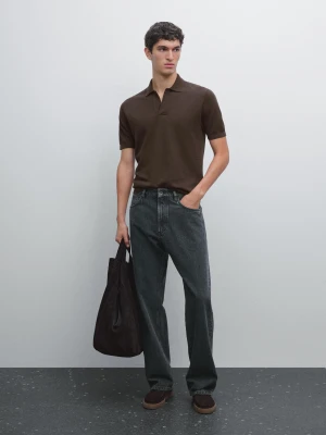Dzianinowa Koszulka Polo Z Dekoltem W Serek - Popielaty Brąz - - Massimo Dutti - Mężczyzna