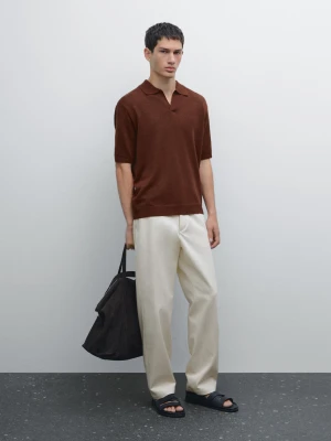 Dzianinowa Koszulka Polo Z Dekoltem W Serek Z Mieszanki Bawełny I Lnu - Terakota - - Massimo Dutti - Mężczyzna