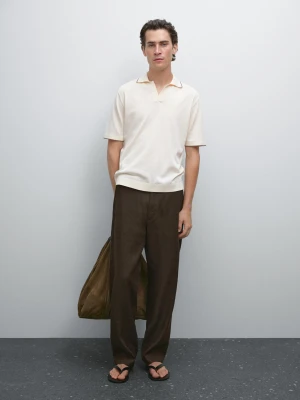 Dzianinowa Koszulka Polo Z Kontrastowym Elementem - Surowy - - Massimo Dutti - Mężczyzna