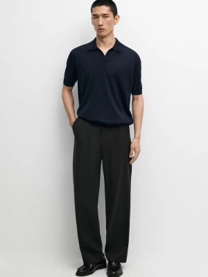 Dzianinowa Koszulka Polo Z Krótkim Rękawem Z Mieszanki Wełny - Granatowy - Massimo Dutti - Male