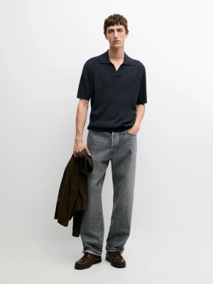 Dzianinowa Koszulka Polo Z Krótkim Rękawem Z Plecionym Detalem - Granatowy - - Massimo Dutti - Mężczyzna