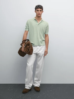 Dzianinowa Koszulka Polo Z Krótkim Rękawem - Zielony Wodny - - Massimo Dutti - Mężczyzna