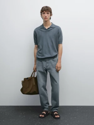 Dzianinowa Koszulka Polo Z Mieszanki Lnu W Paski - Średni Niebieski - - Massimo Dutti - Mężczyzna