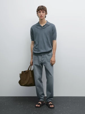 Dzianinowa Koszulka Polo Z Mieszanki Lnu W Paski - Średni Niebieski - - Massimo Dutti - Mężczyzna