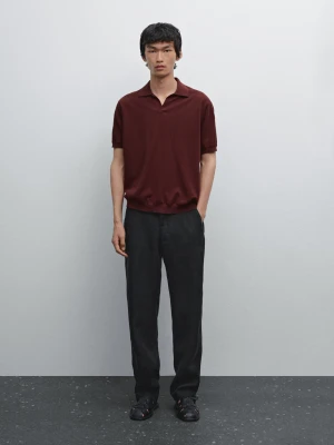 Dzianinowa Koszulka Polo Z Mieszanki Lnu Z Dekoltem W Serek - Bordowy - - Massimo Dutti - Mężczyzna