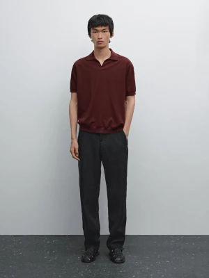 Dzianinowa Koszulka Polo Z Mieszanki Lnu Z Dekoltem W Serek - Bordowy - - Massimo Dutti - Mężczyzna