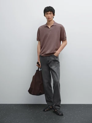 Dzianinowa Koszulka Polo Z Mieszanki Lnu Z Dekoltem W Serek - Malwowy - - Massimo Dutti - Mężczyzna