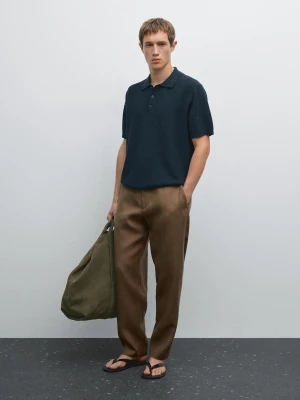 Dzianinowa Koszulka Polo Ze 100% Bawełny - Sprany Granatowy - - Massimo Dutti - Mężczyzna