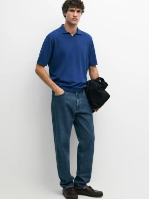 Dzianinowa Koszulka Polo Ze 100% Bawełny Z Dekoltem W Serek - Błękit Elektryczny - Massimo Dutti - Male