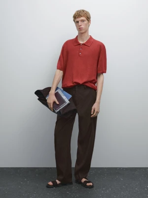 Dzianinowa Koszulka Polo Ze 100% Lnu - Koralowy - - Massimo Dutti - Male