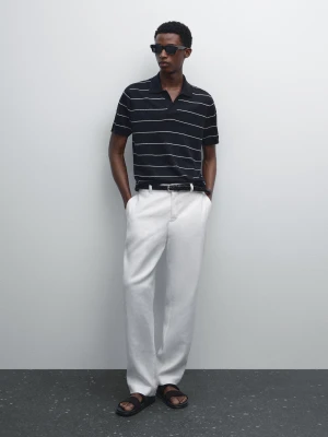 Dzianinowa Koszulka Polo Ze 100% Lnu W Paski - Granatowy - - Massimo Dutti - Mężczyzna