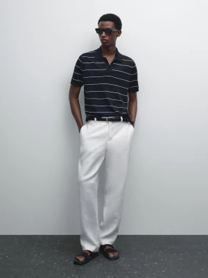 Dzianinowa Koszulka Polo Ze 100% Lnu W Paski - Granatowy - - Massimo Dutti - Mężczyzna