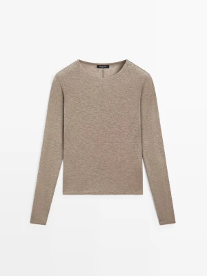 Dzianinowa Koszulka Z Dodatkiem Wełny I Długim Rękawem - Szarobrązowy - Massimo Dutti - Female