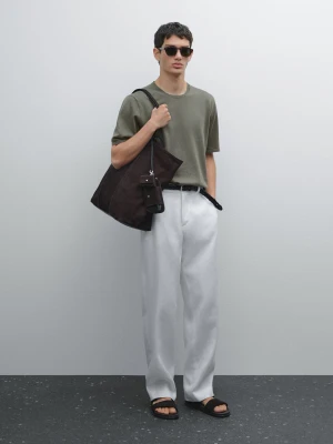 Dzianinowa Koszulka Z Mieszanki Bawełny - Sprany Zielony - - Massimo Dutti - Mężczyzna