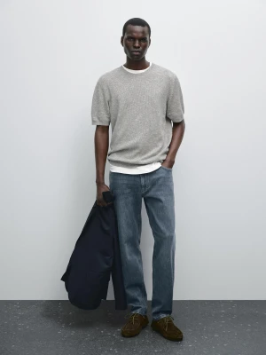 Dzianinowa Koszulka Z Muliny Z Krótkim Rękawem - Khaki - L-Xl - Massimo Dutti - Mężczyzna