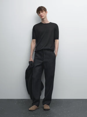 Dzianinowa Koszulka Ze 100% Lnu Z Krótkim Rękawem - Czarny - - Massimo Dutti - Mężczyzna