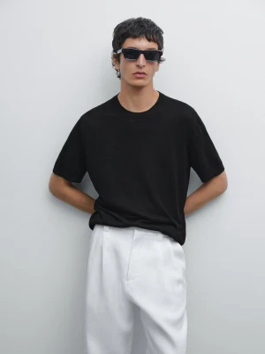 Dzianinowa Koszulka Ze 100% Lnu Z Krótkim Rękawem - Granatowy - - Massimo Dutti - Mężczyzna