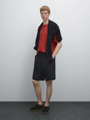 Dzianinowa Koszulka Ze 100% Lnu Z Krótkim Rękawem - Koralowy - - Massimo Dutti - Male