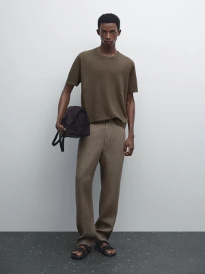 Dzianinowa Koszulka Ze 100% Lnu Z Krótkim Rękawem - Mokka - - Massimo Dutti - Mężczyzna
