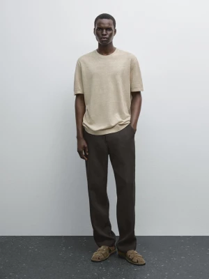 Dzianinowa Koszulka Ze 100% Lnu Z Krótkim Rękawem - Popielaty - - Massimo Dutti - Male