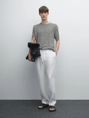 Dzianinowa Koszulka Ze 100% Lnu Z Krótkim Rękawem - Szary Antracytowy - - Massimo Dutti - Mężczyzna