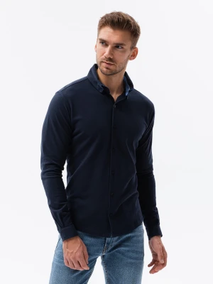 Dzianinowa męska koszula SLIM FIT z długim rękawem – granatowa V2 - Rozmiar: L Ombre Clothing