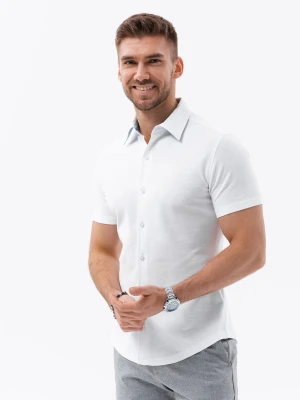 Dzianinowa męska koszula slim fit z krótkim rękawem i kołnierzykiem – biała V1 - Rozmiar: L Ombre Clothing