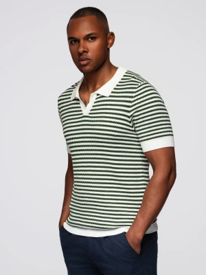 Dzianinowa męska koszulka polo bez guzików w marynarskie paski – biało-oliwkowa V3 Ombre Clothing