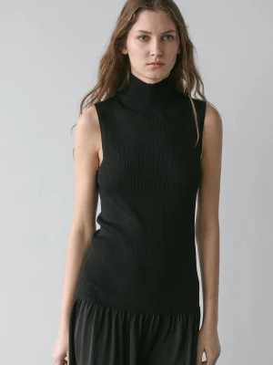 Dzianinowa Sukienka Średniej Długości Z Kontrastowym Elementem - Czarny - - Massimo Dutti - Kobieta