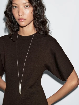 Dzianinowa Sukienka Z Kontrastowym Marszczeniem - Brązowy - - Massimo Dutti - Kobieta