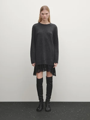 Dzianinowa Sukienka Z Koronkowym Dołem - Ciemnoszary - - Massimo Dutti - Kobieta
