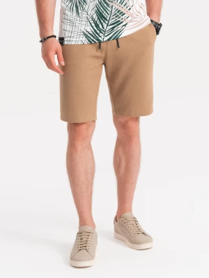 Dzianinowe szorty męskie z ozdobną gumka w pasie - jasnobrązowe V4 Ombre Clothing