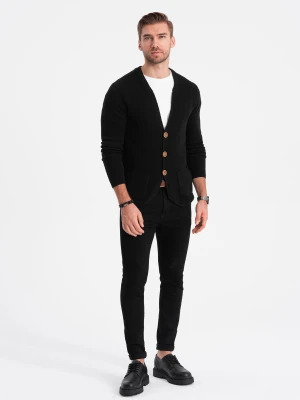Dzianinowy kardigan męski z kieszeniami i ozdobnymi guzikami – czarny V1 - Rozmiar: XL Ombre Clothing
