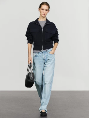 Dzianinowy Kardigan Na Suwak Z Bawełną - Granatowy - Massimo Dutti - Female