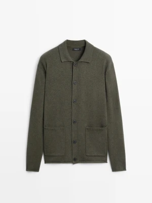 Dzianinowy Kardigan Polo Z Wełną - Khaki - Massimo Dutti - Male