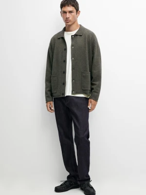 Dzianinowy Kardigan Polo Z Wełną - Khaki - Massimo Dutti - Male