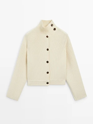 Dzianinowy Kardigan Z Bawełny Z Golfem - Surowy - - Massimo Dutti - Kobieta