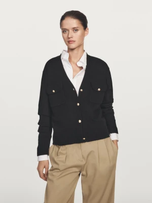 Dzianinowy Kardigan Z Dekoltem W Serek I Złotymi Guzikami - Czarny - - Massimo Dutti - Kobieta