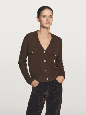 Dzianinowy Kardigan Z Dekoltem W Serek I Złotymi Guzikami - Sprany - - Massimo Dutti - Kobieta