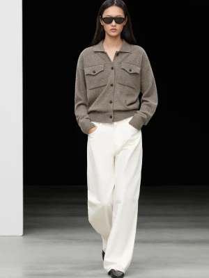 Dzianinowy Kardigan Z Kieszeniami, Mieszanka Wełny - Szarobrązowy - Massimo Dutti - Female