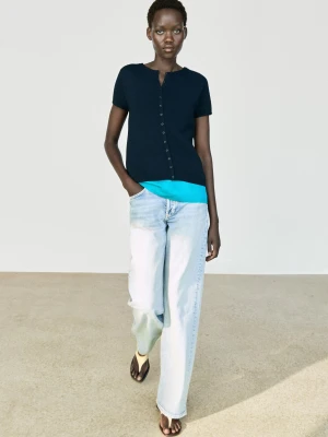 Dzianinowy Kardigan Z Mieszanki Bawełny I Jedwabiu - Granatowy - Massimo Dutti - Female